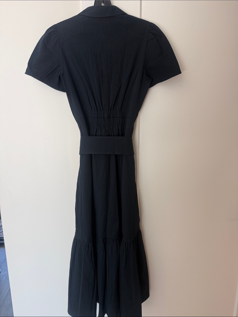 ME+EM Fit + Flare Midi Cotton Seersucker Dress Navy Blue Color size US 2 - Picture 7 of 9